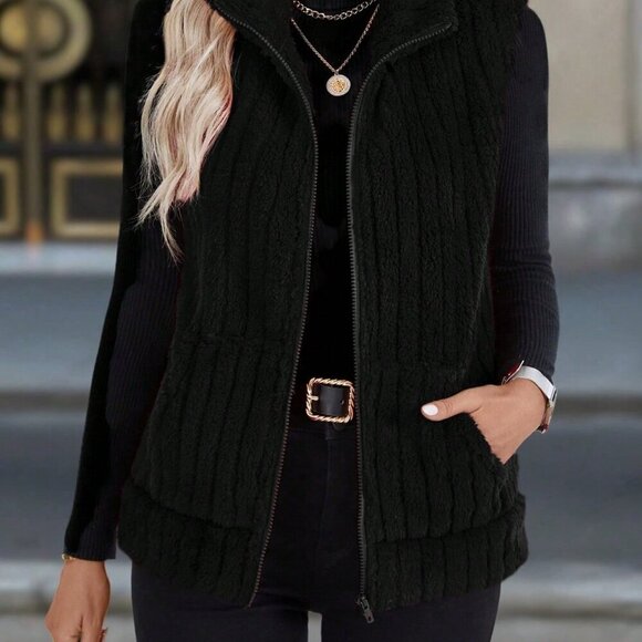 Black Casual Women's Zip-Up Stand Collar Vest Jacket - Picture 2 of 6